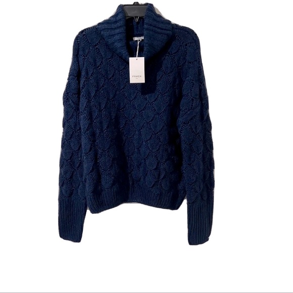 FRNCH Paris Women's Blue Scalloped Knit Chunky Turtle Neck Sweater size S/M - Picture 2 of 8